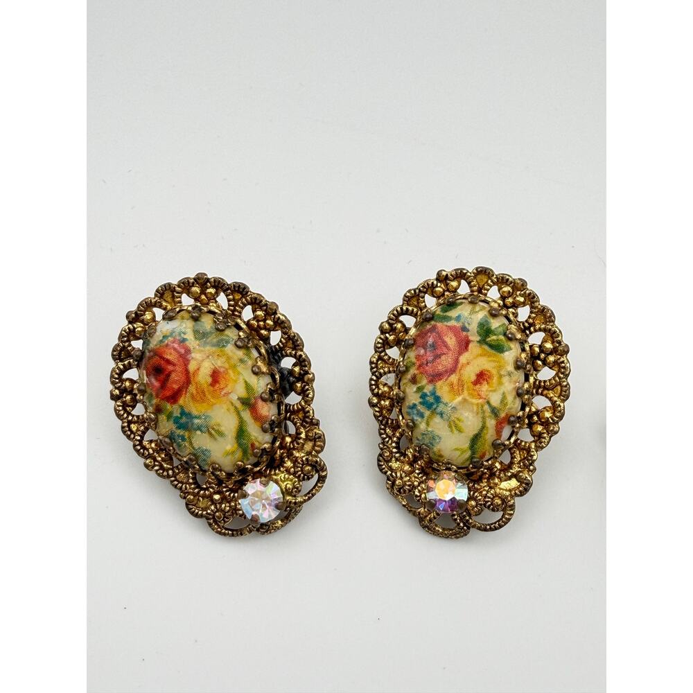 4 pc SET Vintage Clip On & Screw Back Earrings Floral Blue Stone Retro - Picture 2 of 7